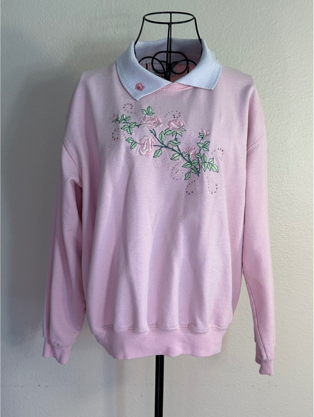 Vintage Grandmacore Baby Pink Floral Rhinestone Sweatshirt